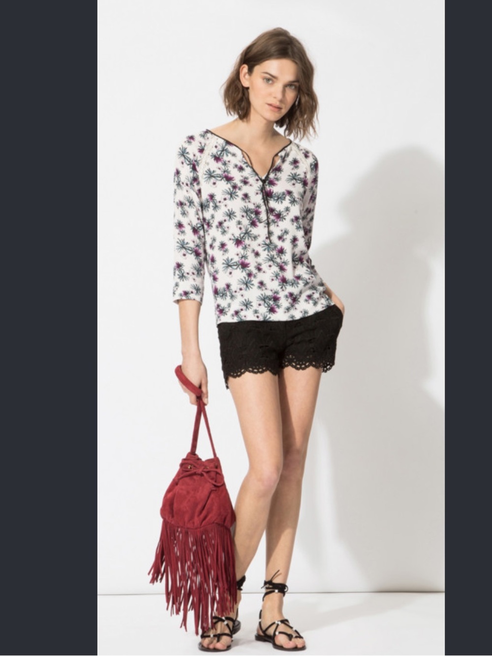 Maje White Floral Print V-Neck Blouse with Black Trim
